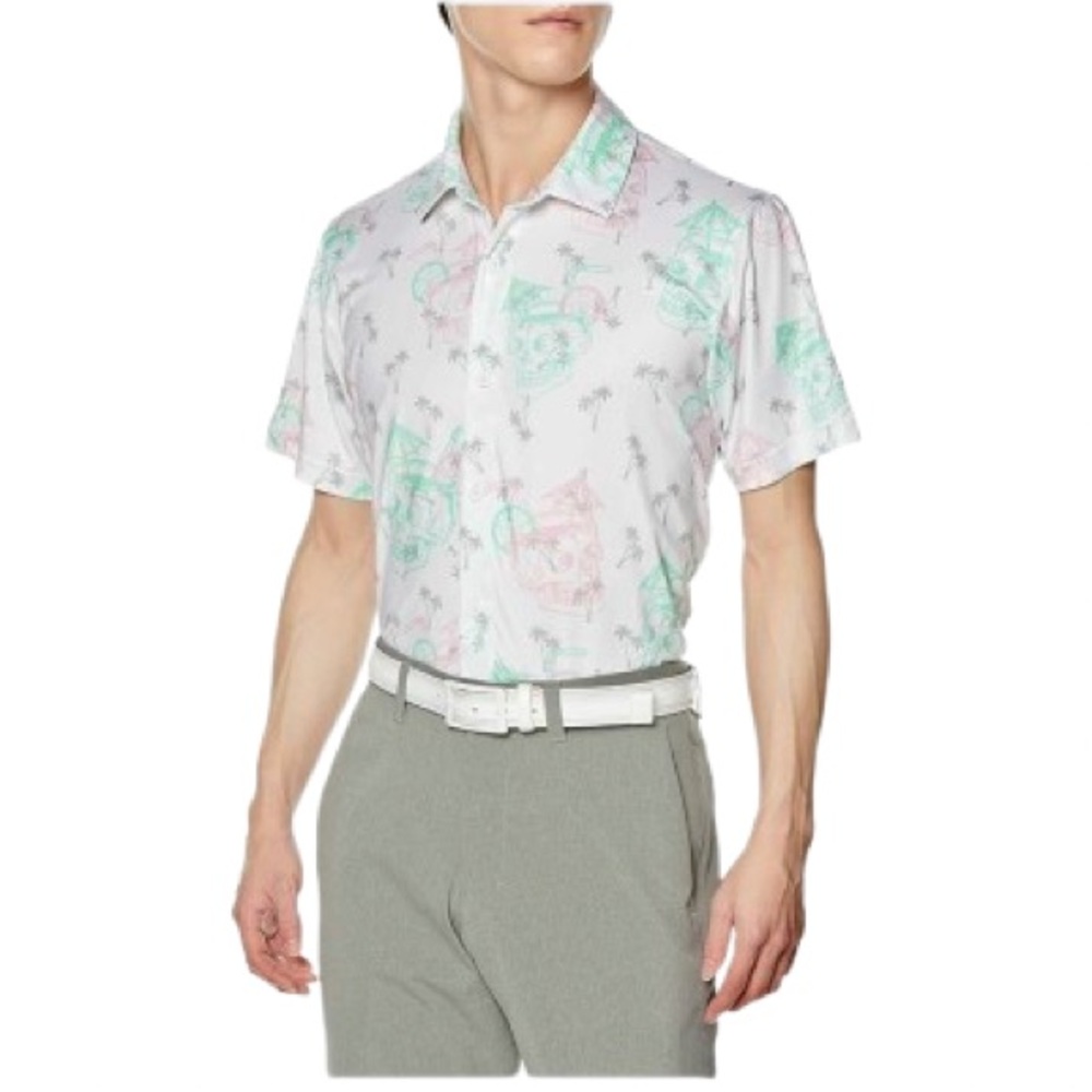 Puma Mattr Tropi-Cool White Golf Polo w/ Pink & Green Cocktail Skull Print S